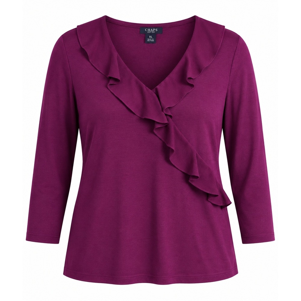 Chaps Women XL Purple Ruffle V-Neck Top 3/4 Sleeve Cotton Blend Chiffon Trim